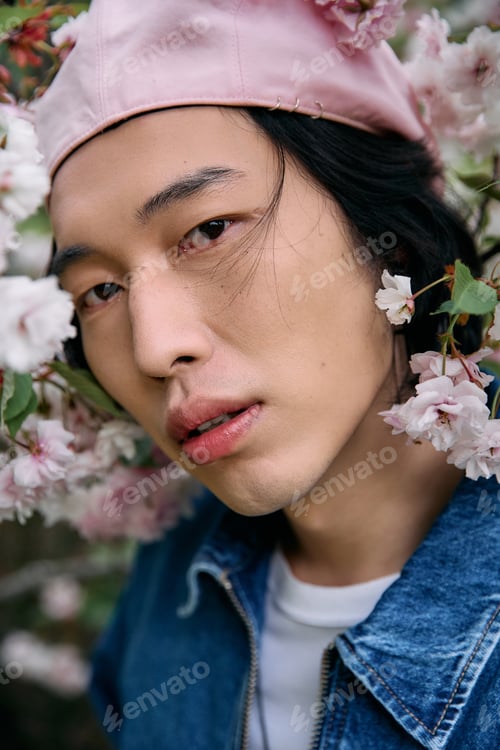 Preview: Stylish young man embraces spring vibes in trendy denim outfit among blooming flowers