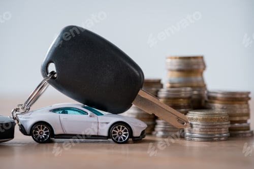 Preview: miniature car, car keys and metal coins on wooden surface isolated on grey