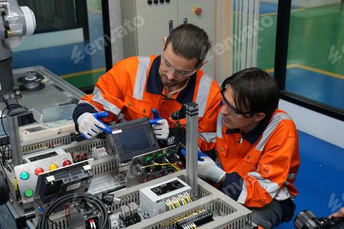 Preview: Robotic Arm engineer check on equipment in its with software of an Artificial Intelligence Computer