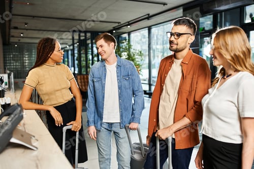 Preview: Circle of unity: multicultural businesspeople bonding in hotel lobby
