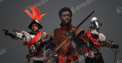 Vista previa: Multicultural group of medieval conquistadors against grey background