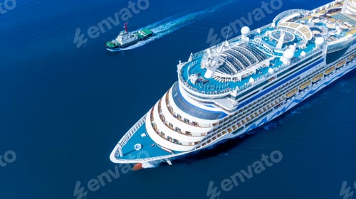 Preview: Aerial view of beautiful white cruise ship above luxury cruise running with tug boat in the ocean