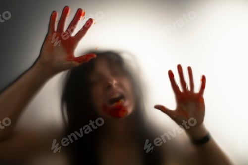 Preview: Shadowy figure with blood behind glass - horror background