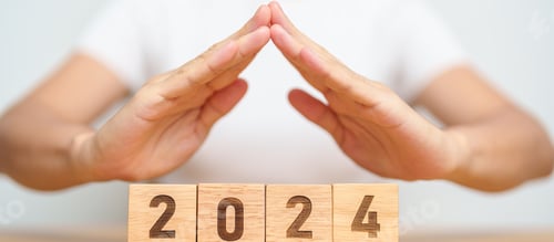 Preview: hand cover 2024 Year block. Insurance, protection and New year holiday Concepts
