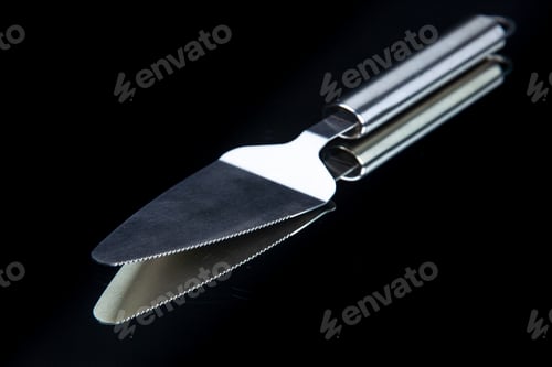 Preview: Front view of kitchen cake slicer lying on black background with free space