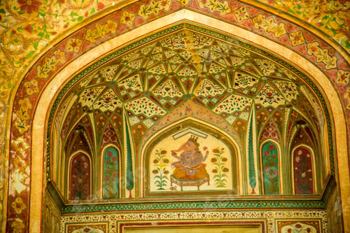 Preview: Detail of ornately decorated inside Amber fort, Jaipur, Rajasthan, India