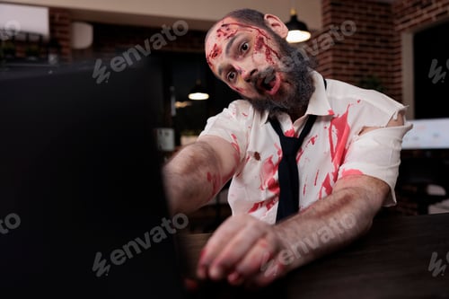 Preview: Spooky evil zombie using laptop at desk