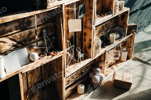 Preview: Rustic Christmas Display with Candles and Decorations