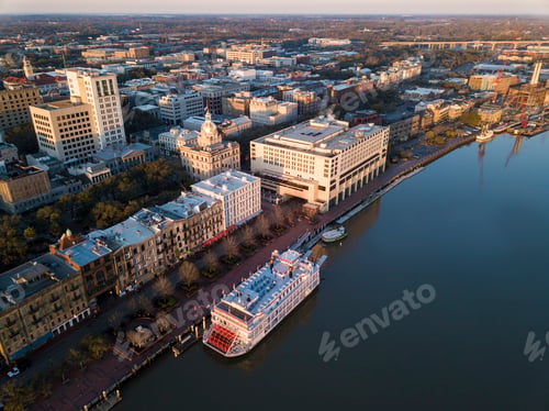 Preview: Aerial view of historic River Street and downtown Savannah, Geor
