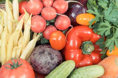 Preview: Fresh vegetables in wooden box as food containing vitamins. Healthy lifestyles and nutrition