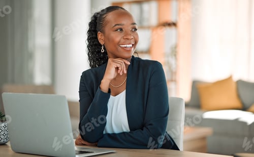 Preview: Thinking, laptop and black woman with ideas doing remote work for business growth or strategy in a