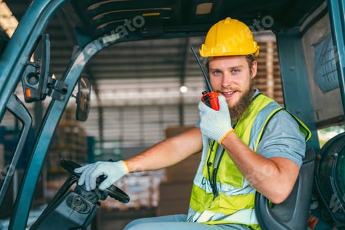 Preview: man in forklift cab, foreman job to working in industrial factory storage store of global business