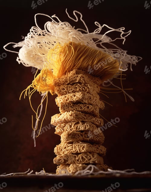 Visualização: Pilha de macarrão seco, natureza morta