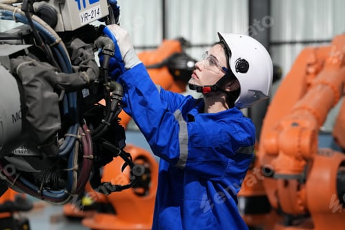 Preview: Robotics engineer working on maintenance of robotic arm in factory warehouse. Business technology.