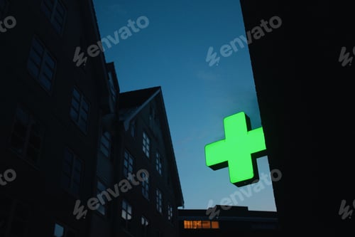Preview: green neon cross, pharmacy/hospital sign on a building, evening blue light