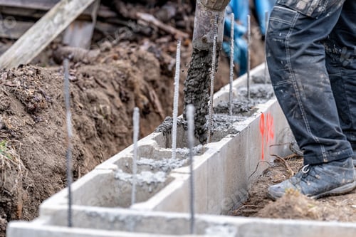 Preview: concreting from the pipe of the foundation of the building from the lost formwork