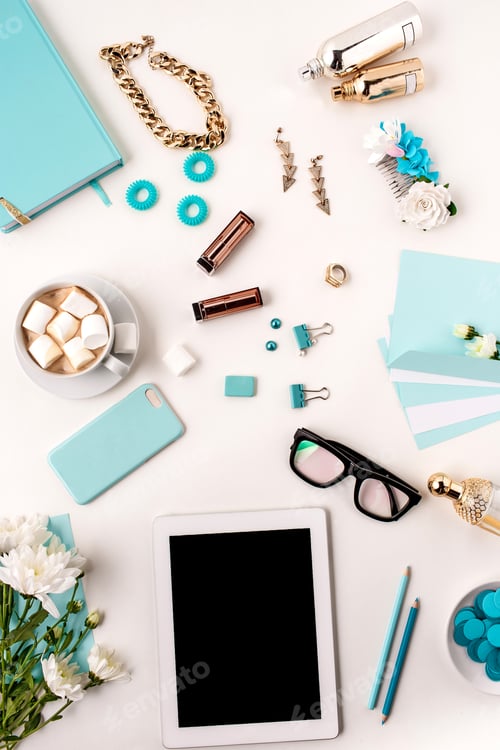 Preview: Still life of fashion woman, blue objects on white