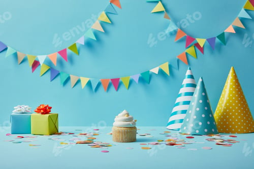 Preview: Tasty cupcake, party hats, confetti and gifts on blue background with colorful bunting