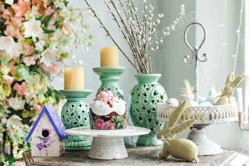Preview: Stylish bright interior of the living room, decorated for Easter.