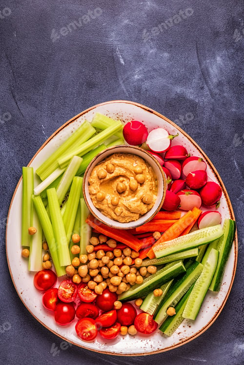 Preview: Healthy Vegetable Crudites Platter with Hummus Dip and Chickpeas