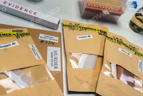 Preview: evidence bags with combs from a murder case, concept image