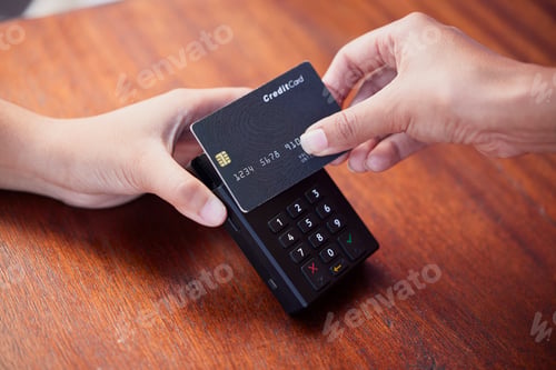 Preview: Shopping, payment and hands with a credit card and machine for finance, service and retail. Store,