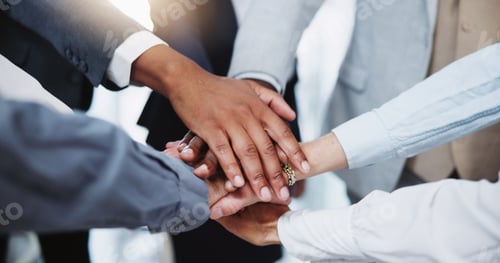 Preview: Hands, team and huddle with people for business deal in office with crm, staff and collaboration. D