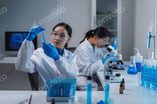 Preview: Scientists working with test tubes and microscope in laboratory