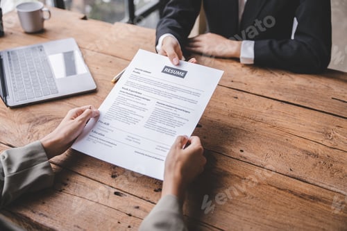 Preview: Portrait of a person interviewing for a job and
Submit resume to staff job application concept