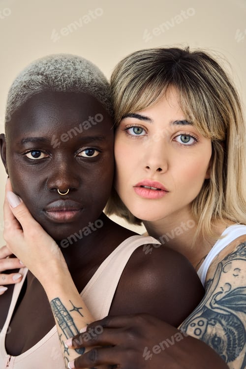 Preview: Cool diverse gen z girls beauty models on beige background, vertical portrait.