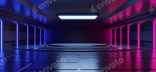 Preview: Abstract blue and pink neon light shapes on black background.