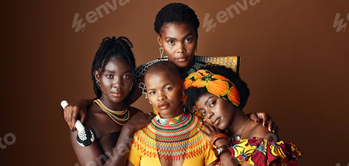 Preview: African women, group and studio for culture with face, jewelry or beads necklace in clothes by back