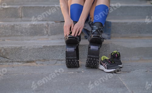 Preview: Fit legs in kangoo jumping shoes. womanpreparing for Kangoo Jumping training