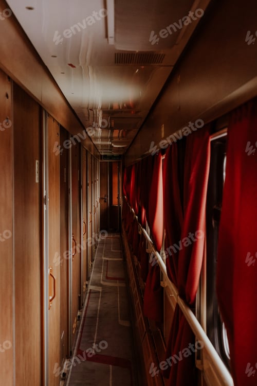 Preview: travel by train / red retro train wagon / retro style