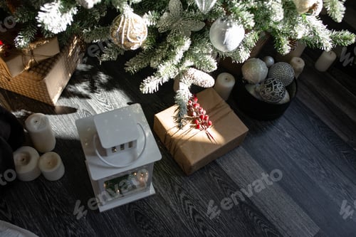 Preview: Beautiful Christmas tree with festive decor on dark background. Space for text