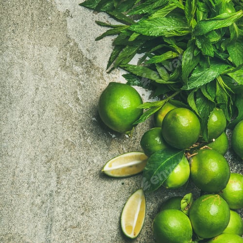 Preview: Flatlay of freshly picked limes and mint, square crop