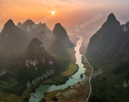 Preview: Aerial view sunrise over rice terrace paddle field around the river at Phong Nam, Cao Bang, Vietnam