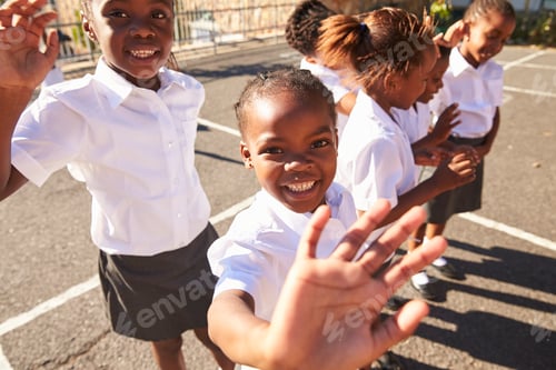 Preview: Young African schoolgirls in a playground waving to camera