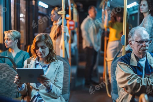 Preview: Businesswoman using digital tablet while riding public transport at night