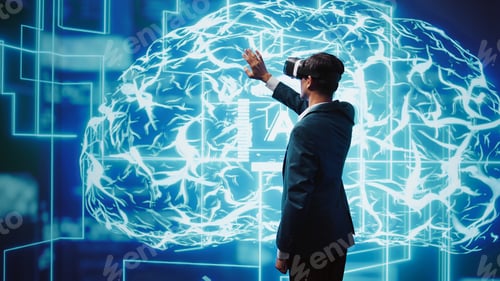 Preview: IT expert using virtual reality tech and AI systems in futuristic workspace