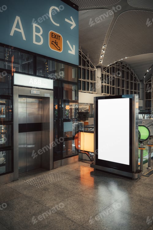 Preview: Airport elevator, sign, blank ad screen