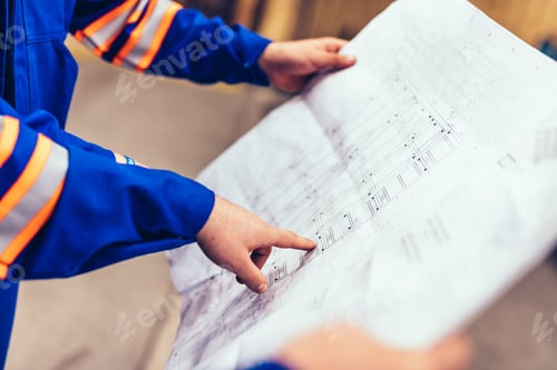 Preview: Engineers showing construction plans in a factory.