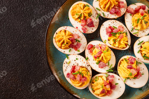 Preview: Spicy, stuffed ramen eggs, with bacon and green onions, homemade, no people,
