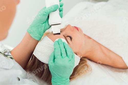 Preview: Beautiful woman receiving ultrasound cavitation facial peeling. Cosmetology and facial skin care