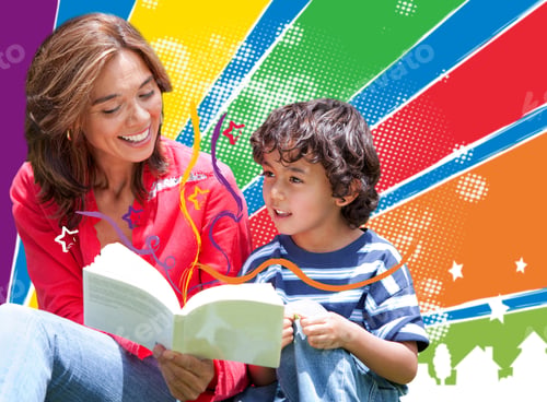 Preview: Woman Reading To Her Son Over A Colorful Background