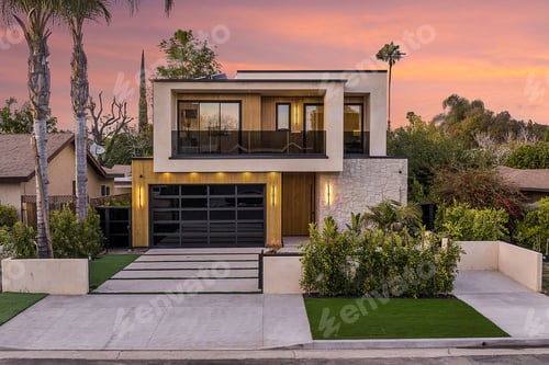 Preview: Modern two-story house at sunset