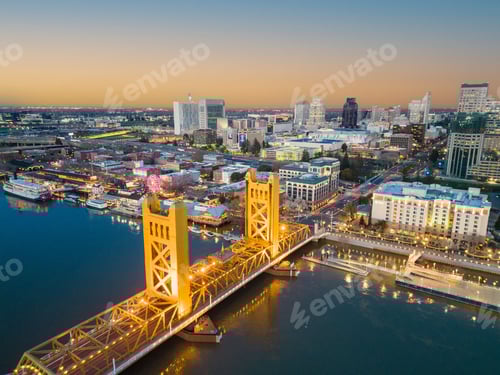 Preview: Aerial shot of the Tower Bridge spanning across the Sacramento River in California.