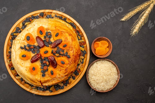Preview: top view shakh plov delicious rice meal cooked inside round dough with raisins on dark grey
