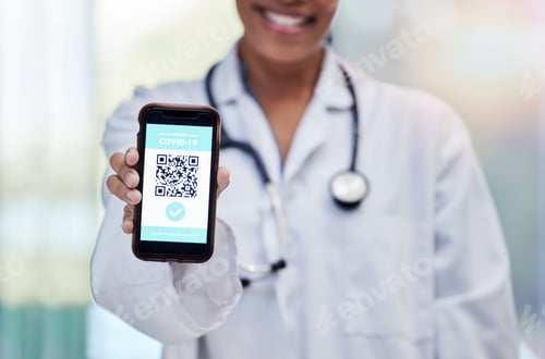 Preview: QR code, screen and doctor showing scan test results on contactless technology on mobile cellphone