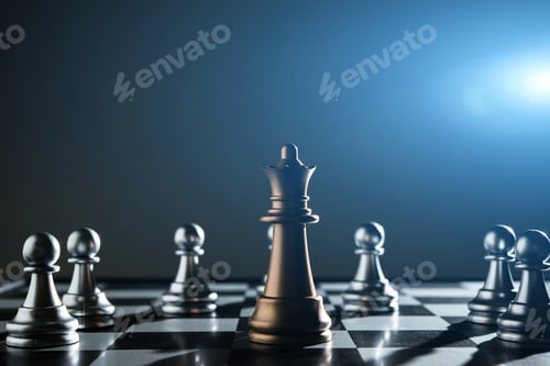 Preview: King and Knight of chess setup on dark background .